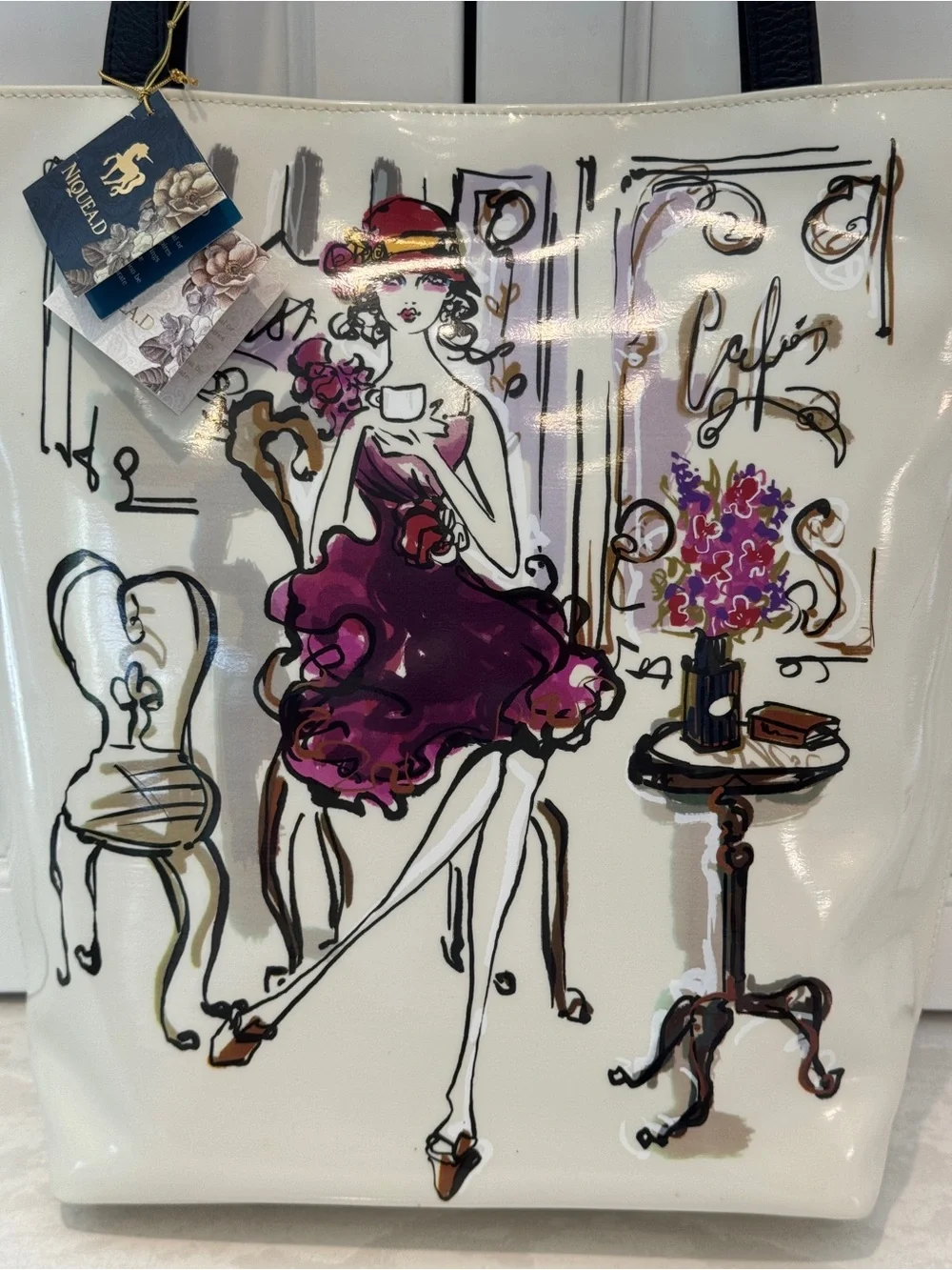 Nique White Patent Tote with Purple Illustration